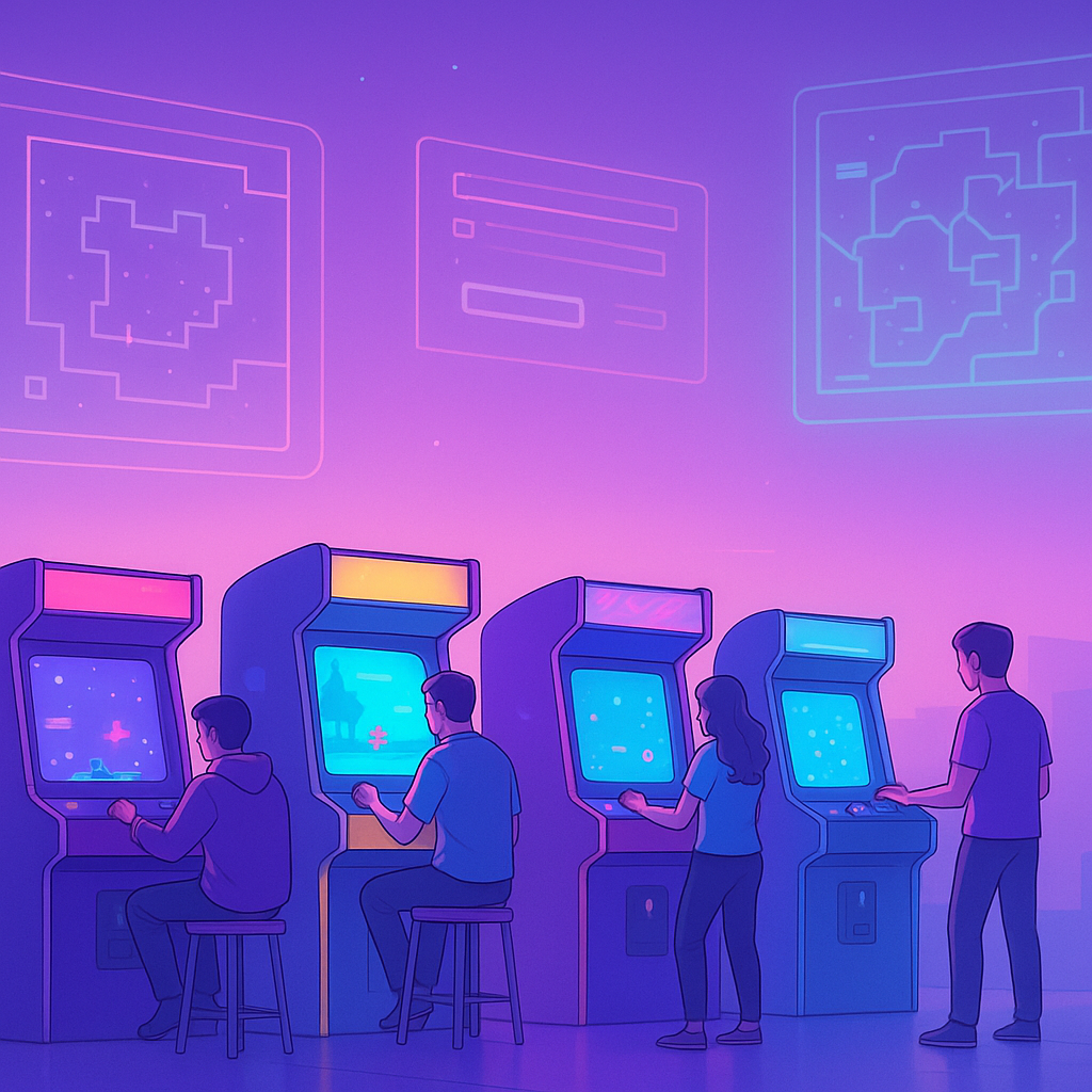 ArcadeHalo hero: pastel arcade hall with HUD overlays and players