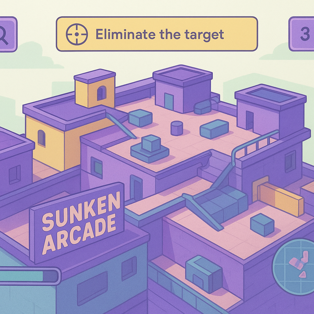 Screenshot: asymmetric map with pastel aesthetics and HUD overlays